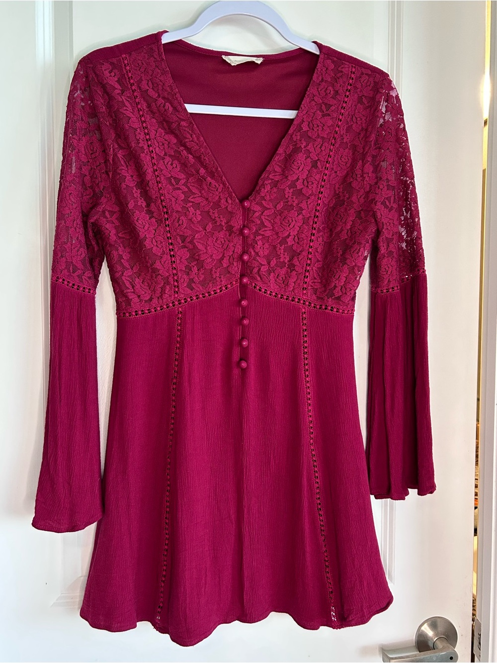 Anthropologie Long-Sleeve Lace Yoke Dress in Berry Red
